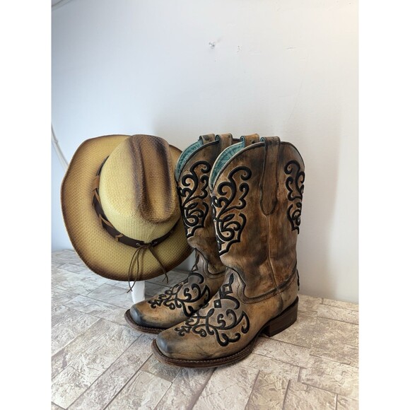 CORRAL Women's Boots Sz 8 1/2M Bronze Turquoise Overlay Snip Toe Cowgirl Western - Picture 6 of 16